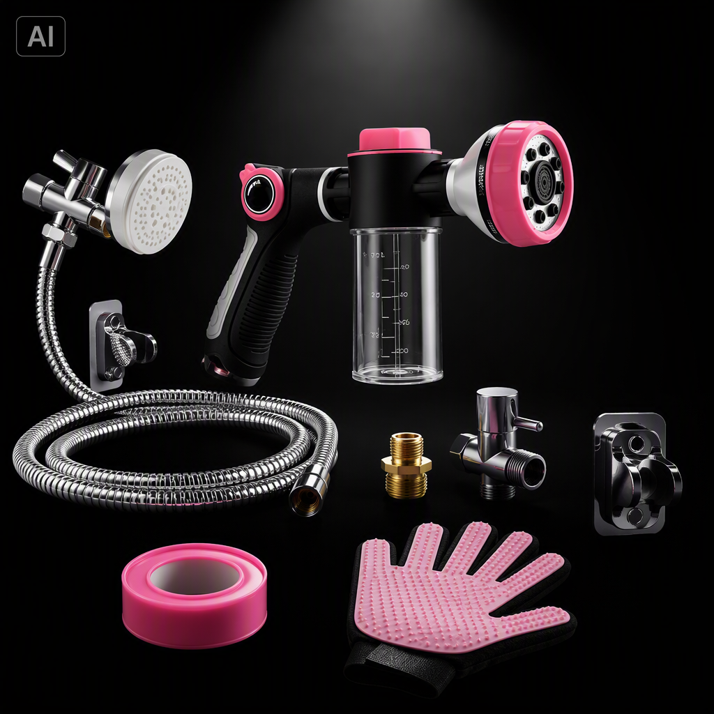 Dog Shower Attachment with 6.6FT Shower Hose, 8 Sprayer Modes Dog Washing Hose Attachment for Bathroom & Bathtub, Outdoor Use Dog Washing Kit with Pet Grooming Glove Shampoo Dispenser and Holder