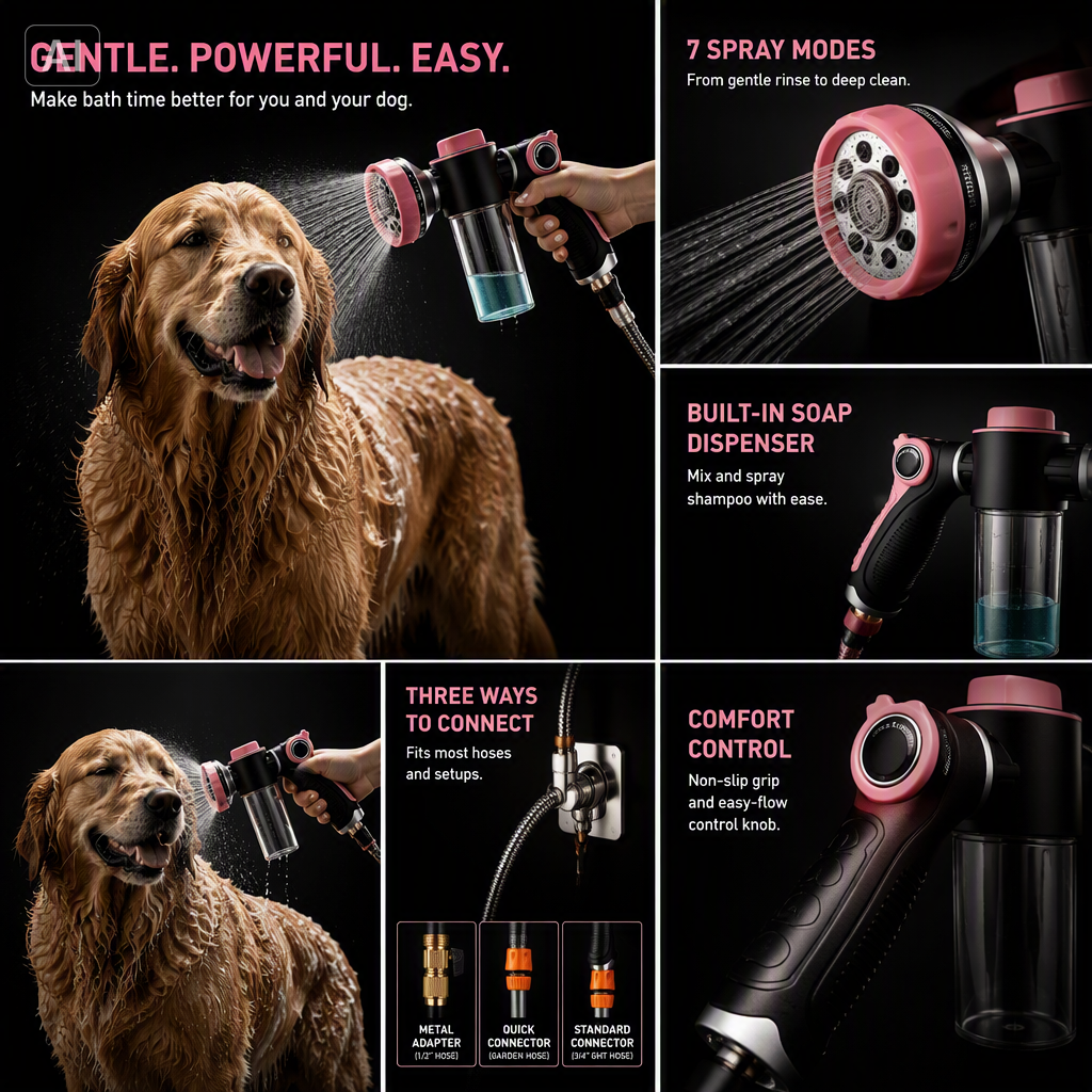 Dog Shower Attachment with 6.6FT Shower Hose, 8 Sprayer Modes Dog Washing Hose Attachment for Bathroom & Bathtub, Outdoor Use Dog Washing Kit with Pet Grooming Glove Shampoo Dispenser and Holder