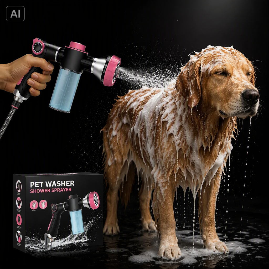 Dog Shower Attachment with 6.6FT Shower Hose, 8 Sprayer Modes Dog Washing Hose Attachment for Bathroom & Bathtub, Outdoor Use Dog Washing Kit with Pet Grooming Glove Shampoo Dispenser and Holder