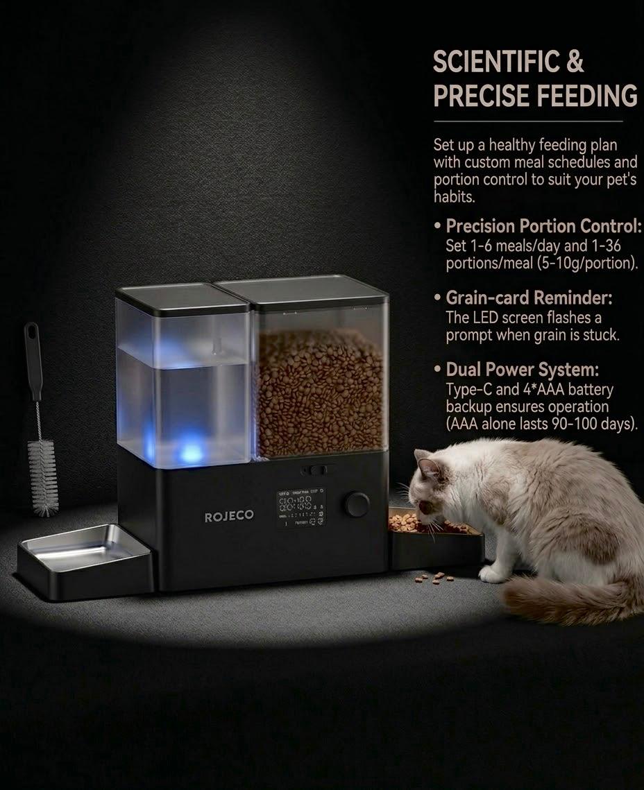 Automatic Cat Feeder & Water Dispenser,Button Customizable Feeding
