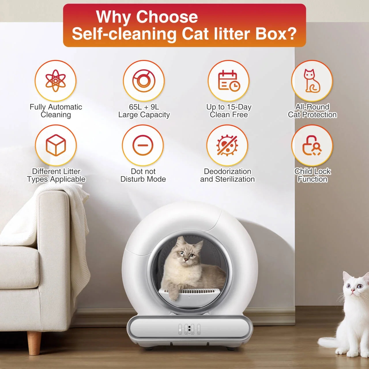 Self-Cleaning Cat Litter Box, Automatic Litter Box W/ 65+9L Extra-Large Capacity for Multi-Cat, App Monitoring & Health Monitoring, Odor Isolation & Smart Radar Detection, Free Liners Gift