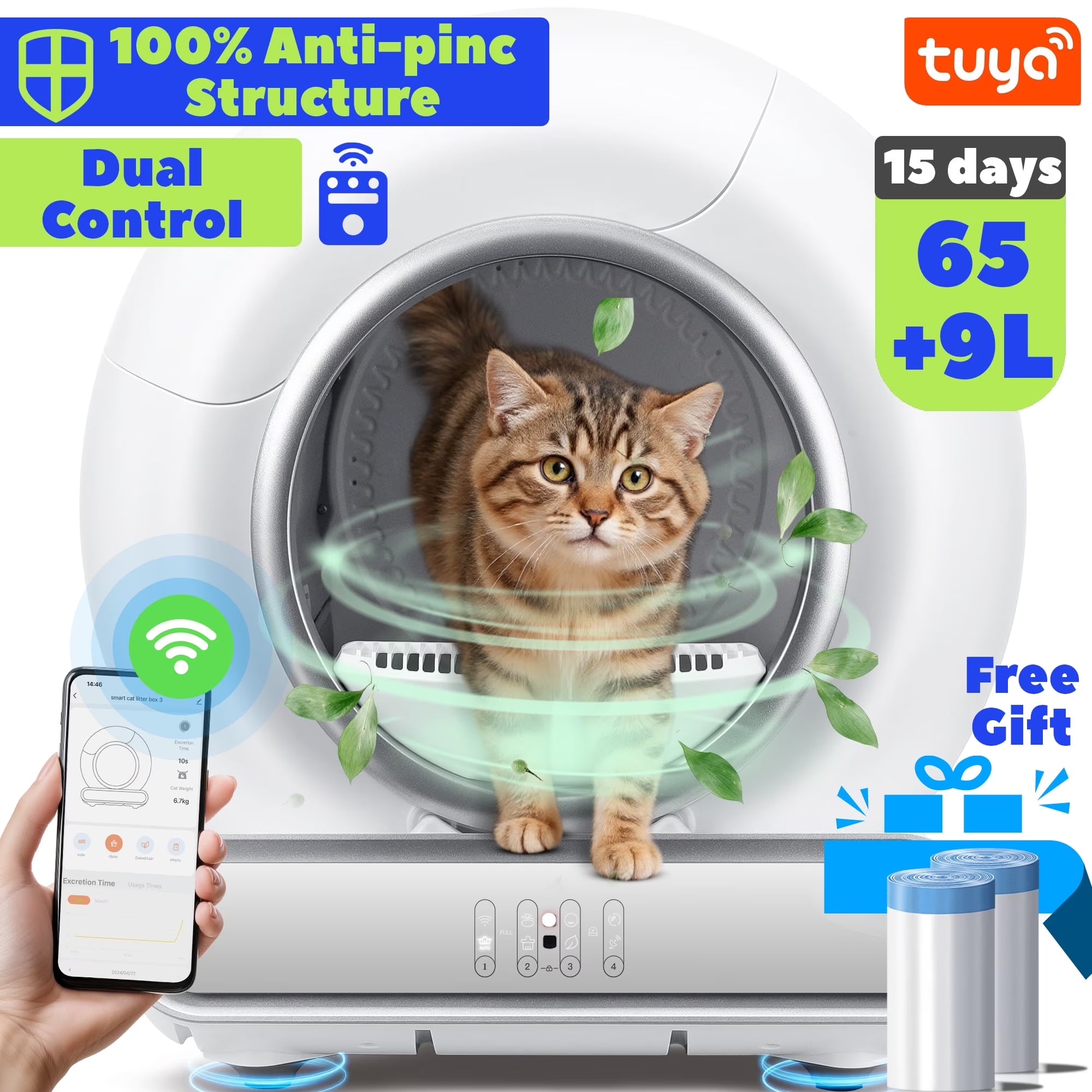 Self-Cleaning Cat Litter Box, Automatic Litter Box W/ 65+9L Extra-Large Capacity for Multi-Cat, App Monitoring & Health Monitoring, Odor Isolation & Smart Radar Detection, Free Liners Gift